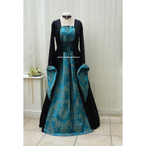 Medieval Gothic Black Teal Blue Dress